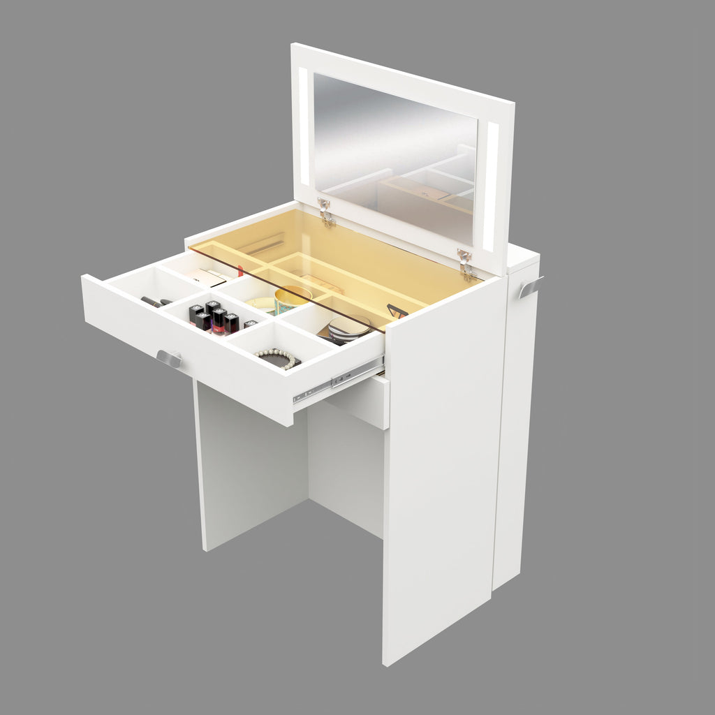 Wooden Vanity Table with Hidden Jewelry Storage, Drawers & Lift-Up Mirror (White)