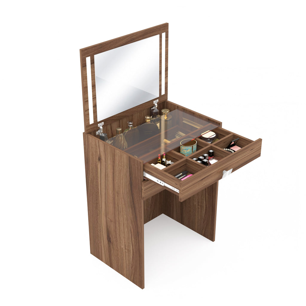 Modern Vanity Table with Hidden Jewelry Storage, Drawers & Lift-Up Mirror (Lyon Walnut)
