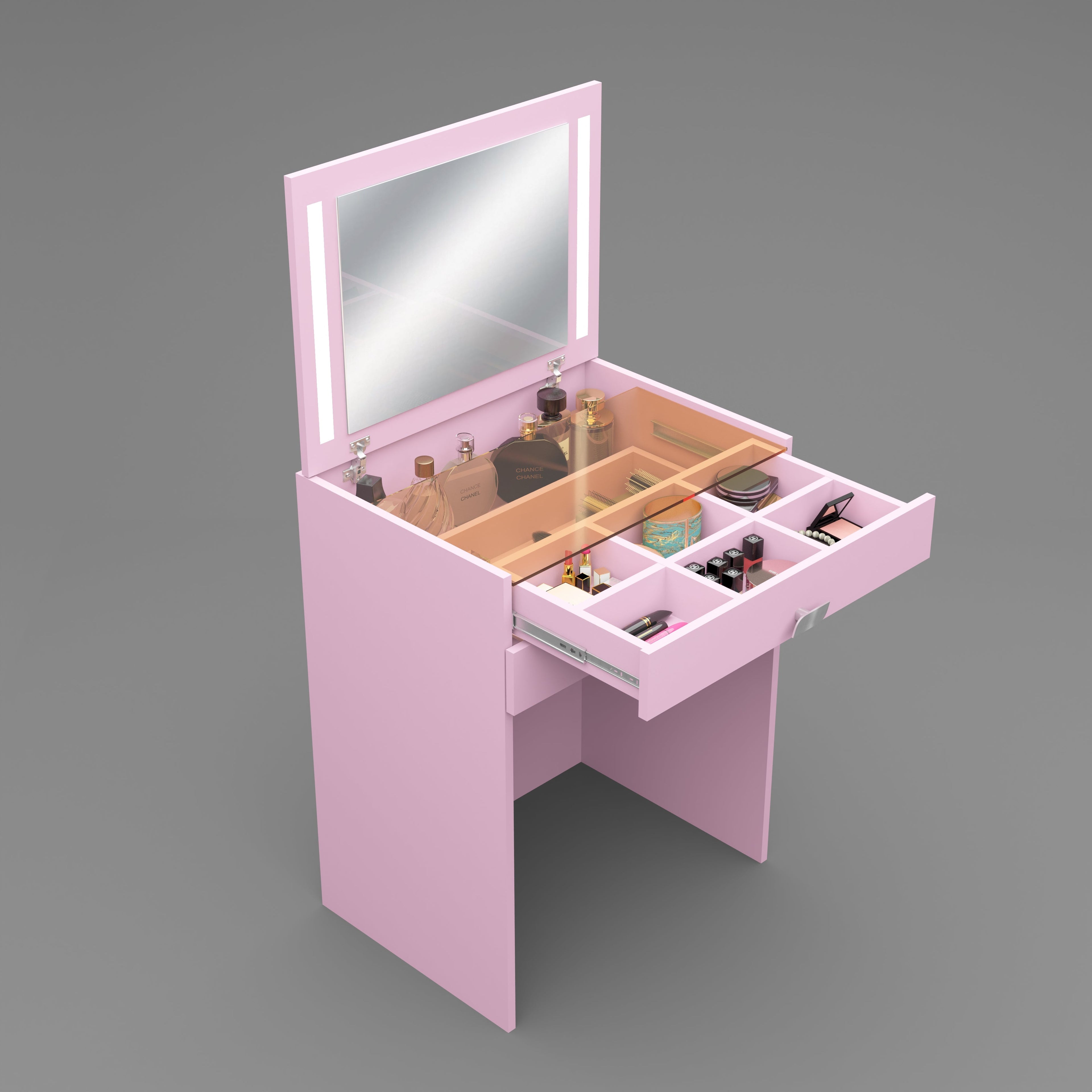 Modern Vanity Table with Hidden Jewelry Storage, Drawers & Lift-Up Mirror (Pink)