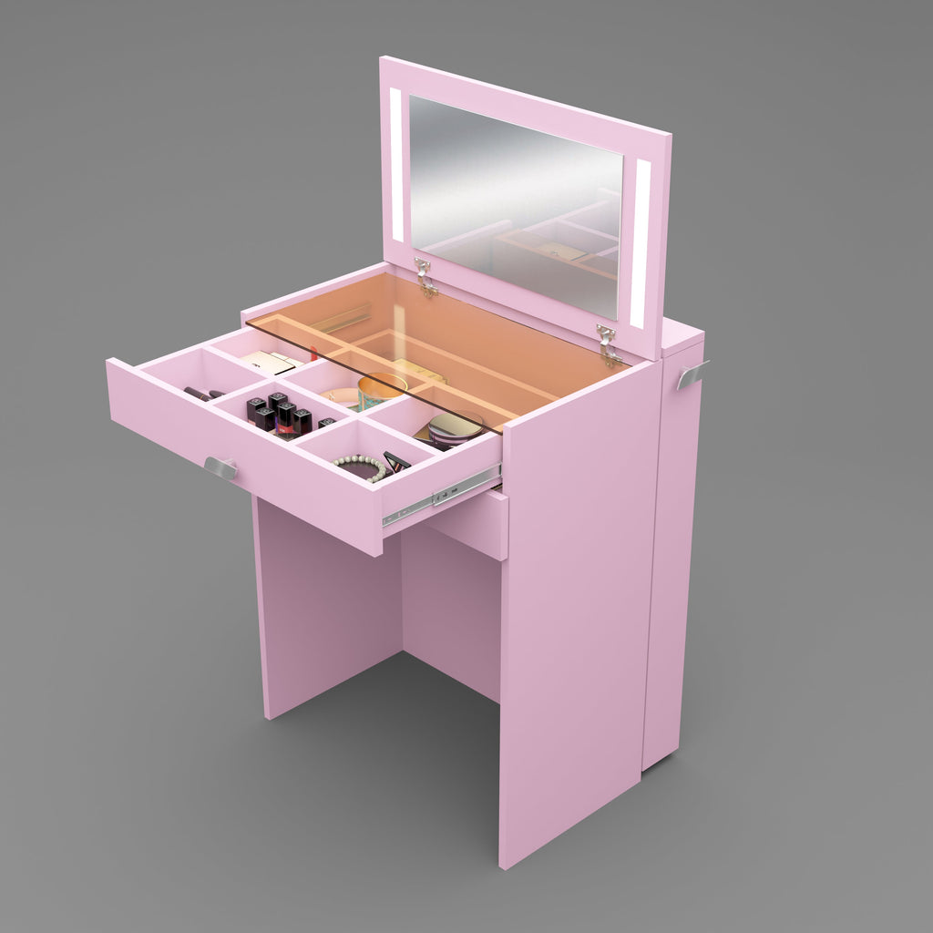 Wooden Vanity Table with Hidden Jewelry Storage, Drawers & Lift-Up Mirror (Pink)