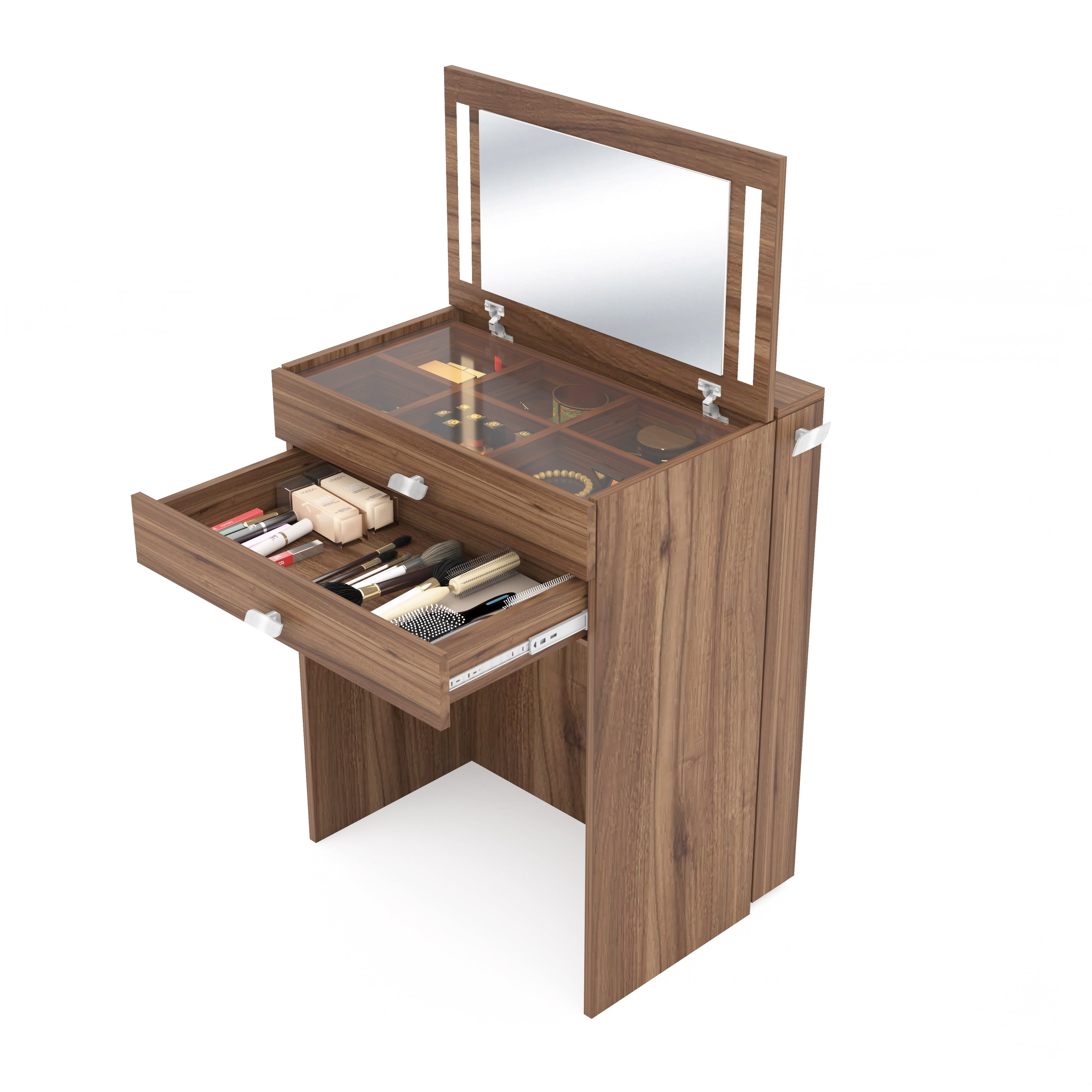 Wooden Vanity Table with Hidden Jewelry Storage, Drawers & Lift-Up Mirror (Leyon Walnut)
