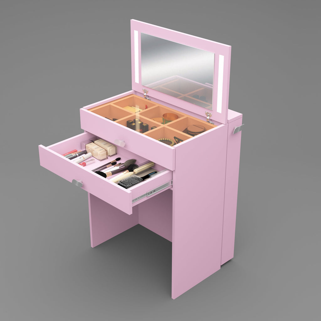 Wooden Vanity Table with Hidden Jewelry Storage, Drawers & Lift-Up Mirror (Pink)