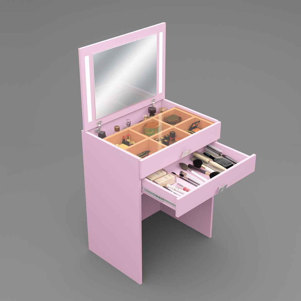 Modern Vanity Table with Hidden Jewelry Storage, Drawers & Lift-Up Mirror (Pink)