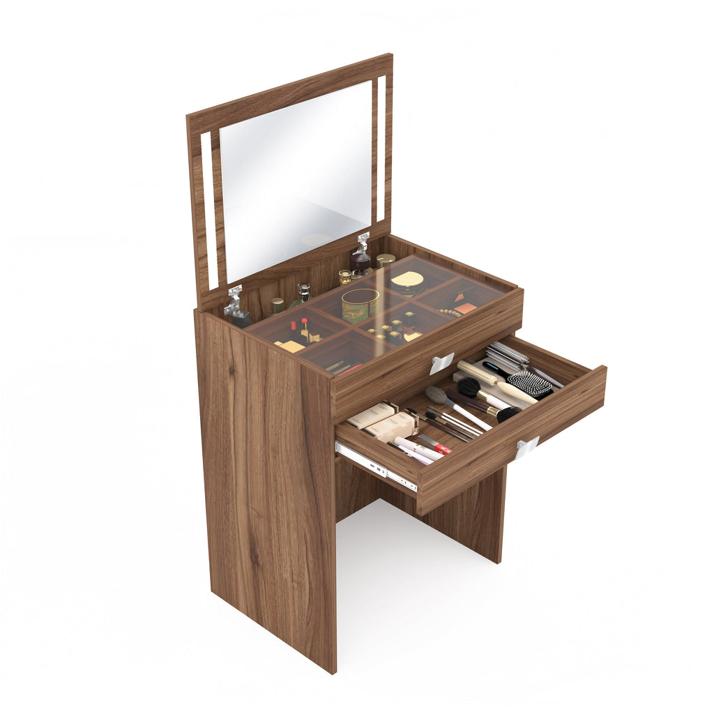 Modern Vanity Table with Hidden Jewelry Storage, Drawers & Lift-Up Mirror (Lyon Walnut)