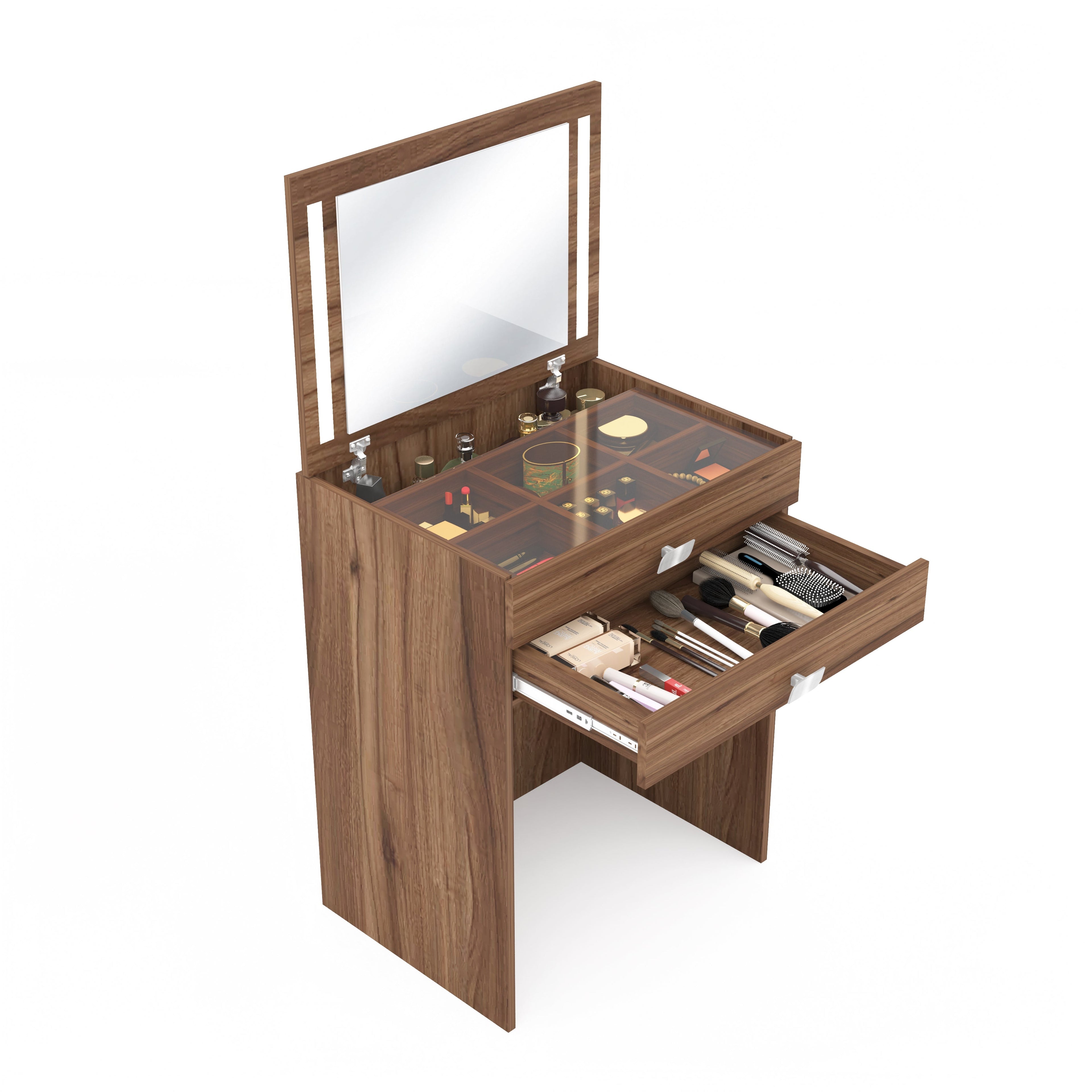 Modern Vanity Table with Hidden Jewelry Storage, Drawers & Lift-Up Mirror (Lyon Walnut)