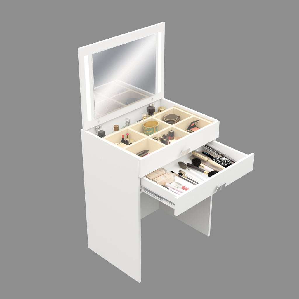 Modern Vanity Table with Hidden Jewelry Storage, Drawers & Lift-Up Mirror (White)
