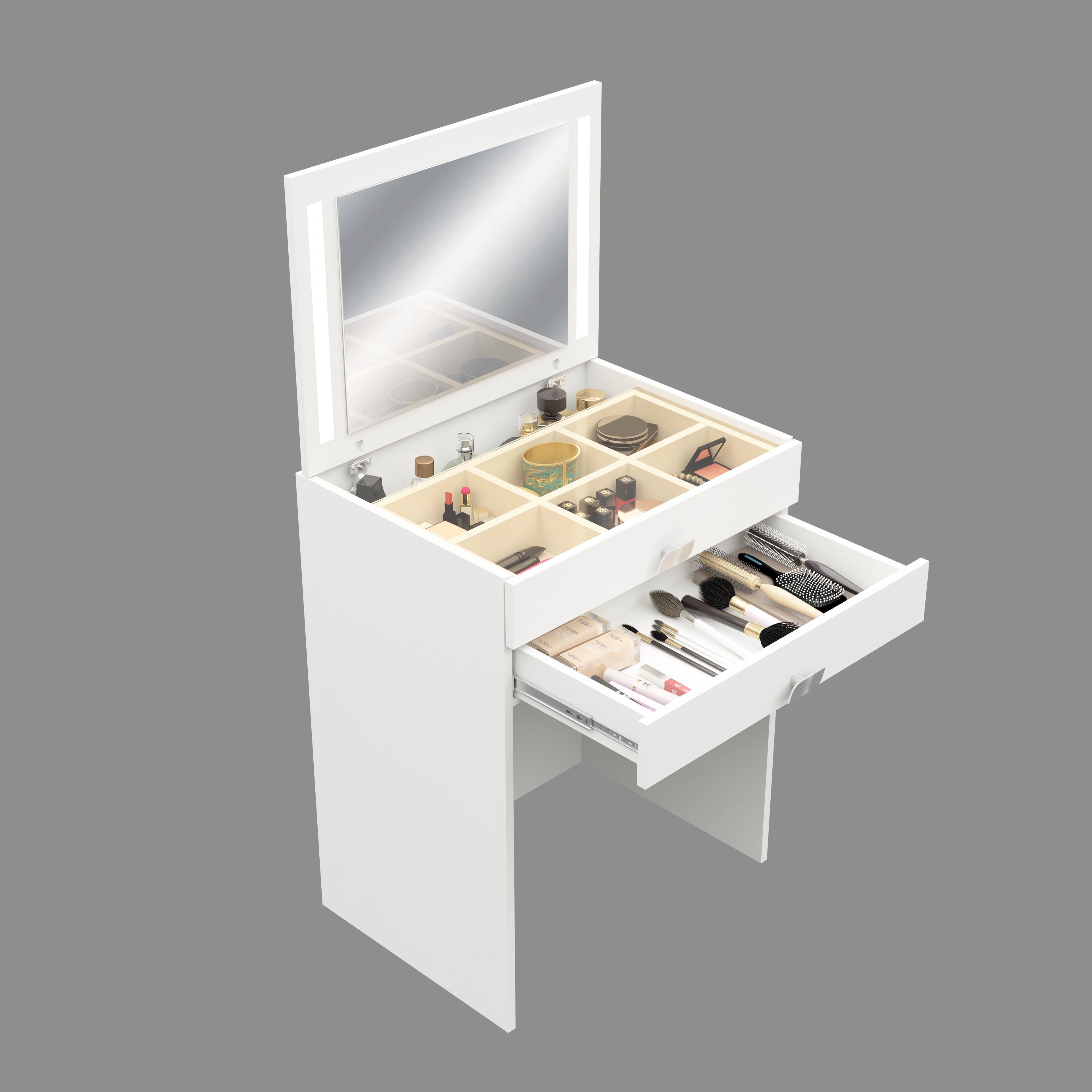 Modern Vanity Table with Hidden Jewelry Storage, Drawers & Lift-Up Mirror (White)