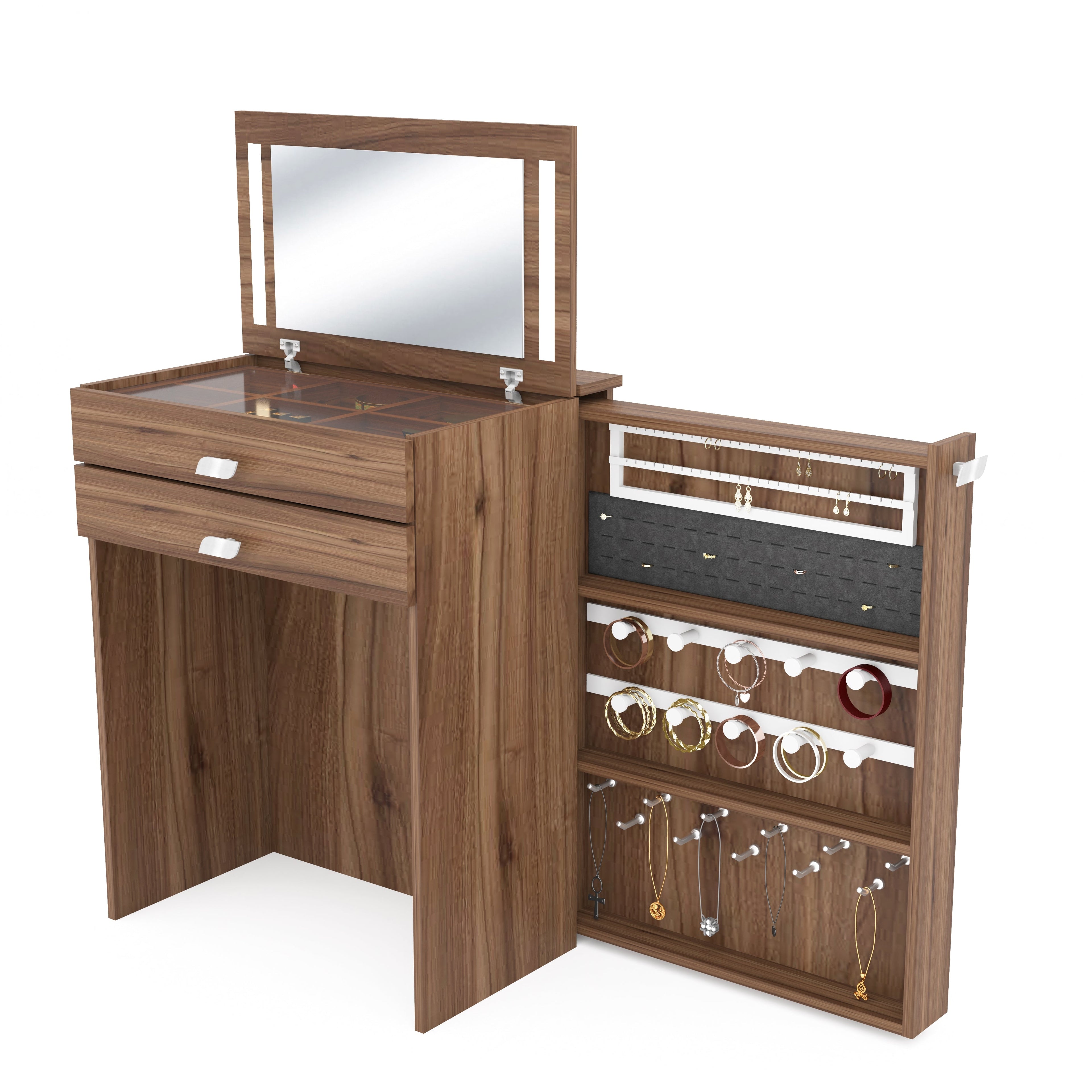 Wooden Vanity Table with Hidden Jewelry Storage, Drawers & Lift-Up Mirror (Leyon Walnut)