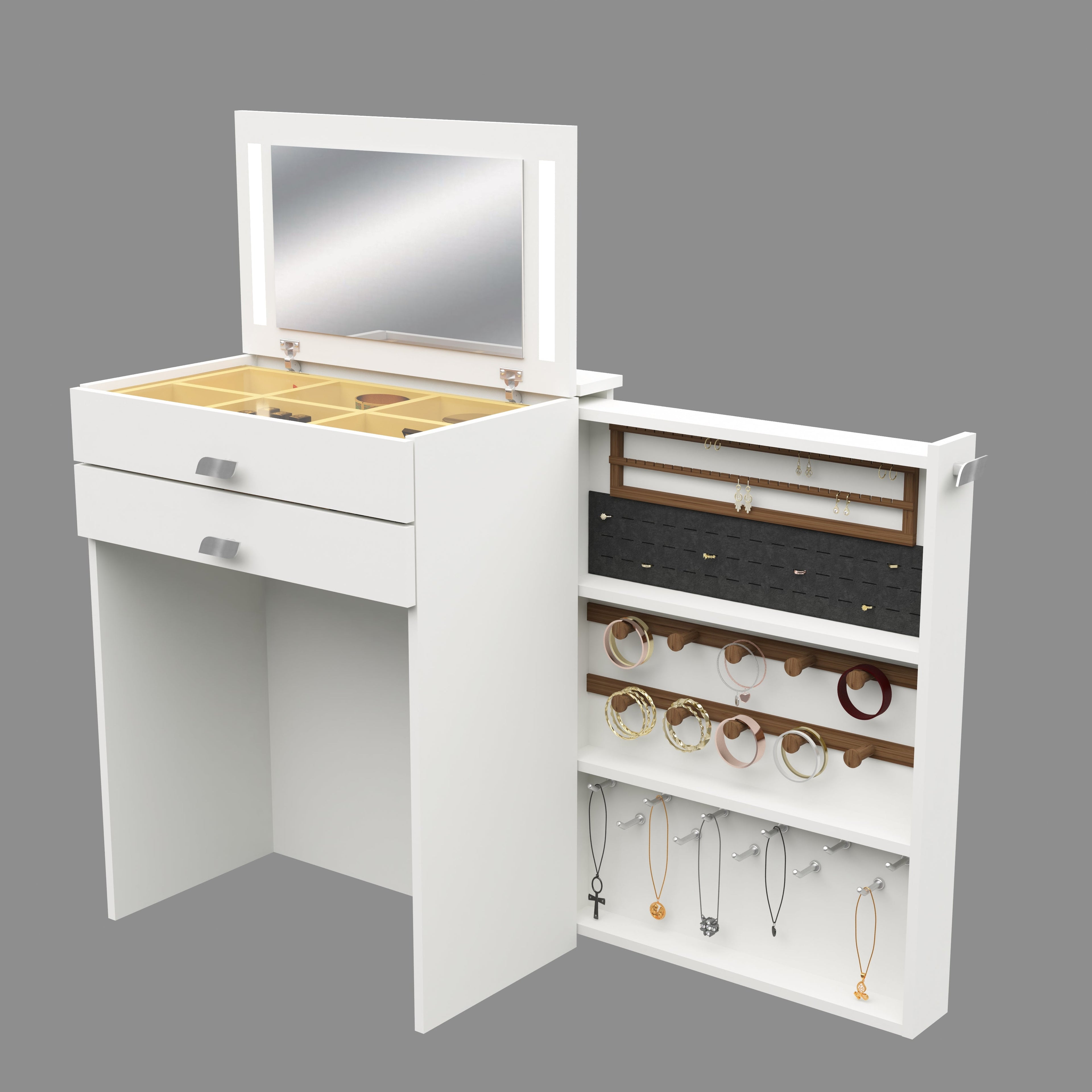 Wooden Vanity Table with Hidden Jewelry Storage, Drawers & Lift-Up Mirror (White)