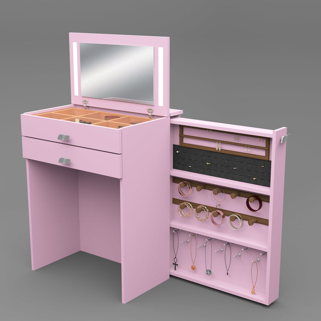 Wooden Vanity Table with Hidden Jewelry Storage, Drawers & Lift-Up Mirror (Pink)
