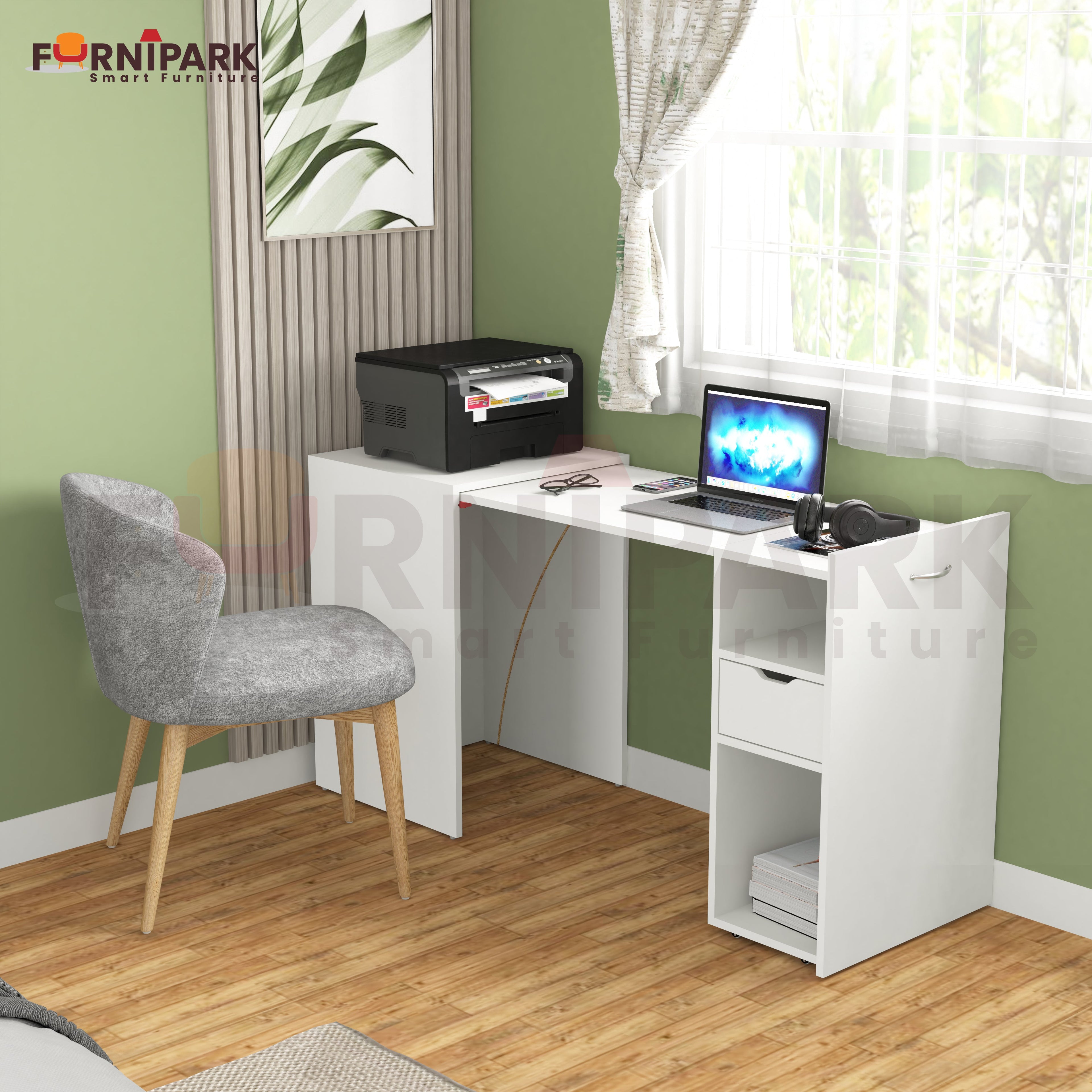 Extendable Table with Drawer (White)