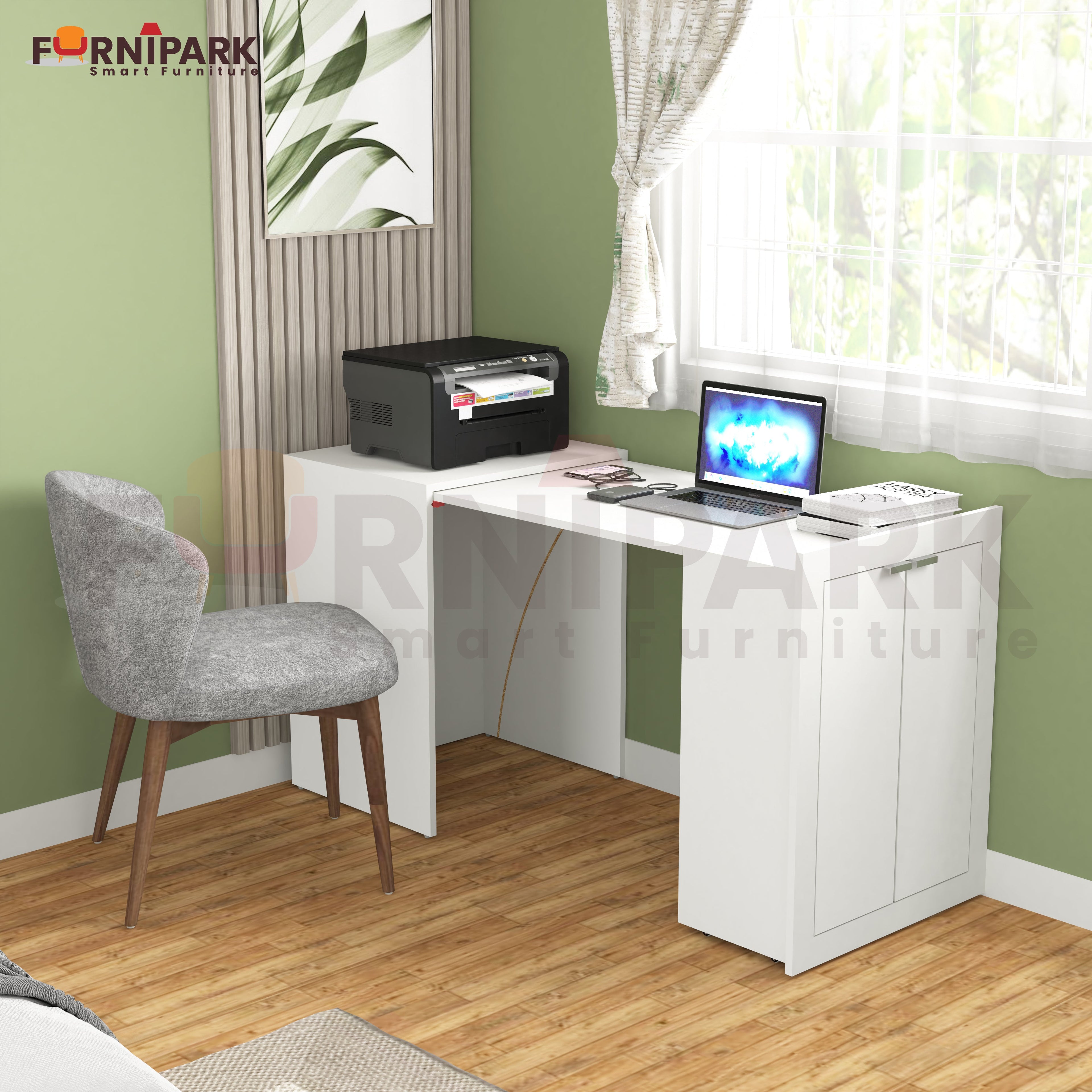 Expandable 2-in-1 Table with Book / File Cabinet (White)